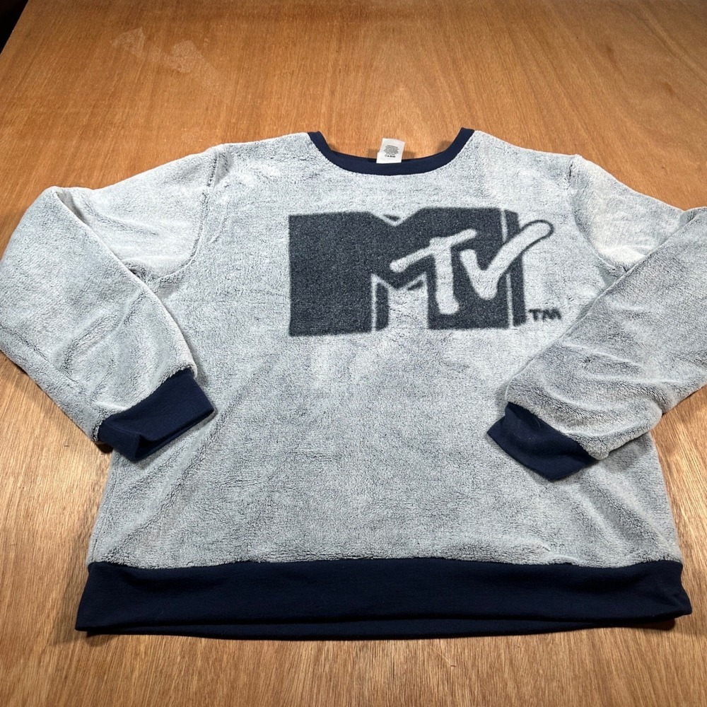 MTV Fleece Sweatshirt Womens XL Blue Retro Graphic Logo Plush Pullover Top